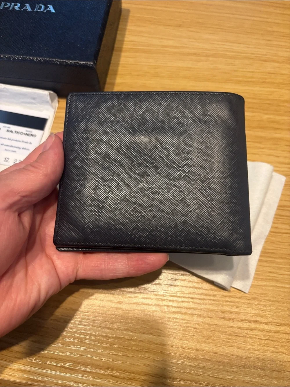 Prada Blue and black  Saffiano Leather wallet with box COA card